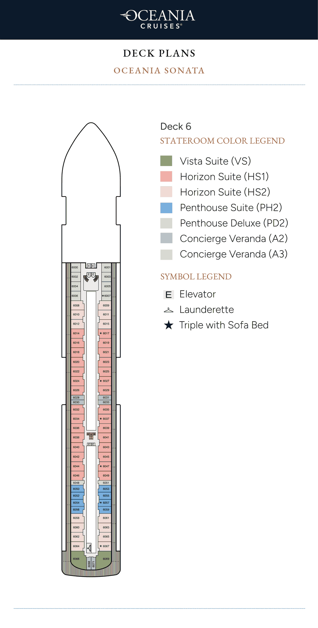 Deck 6 plan of Oceania Sonata, showing Vista Suites, Horizon Suites, Penthouse Suites, Penthouse Deluxe Suites and Concierge Level Verandas