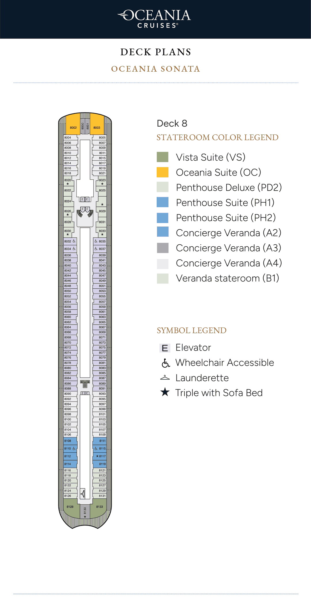 Deck 8 plan of Oceania Sonata, showing Oceania Suites, Vista Suites, Penthouse and Penthouse Deluxe Suites, Concierge Level Verandas and Veranda Staterooms