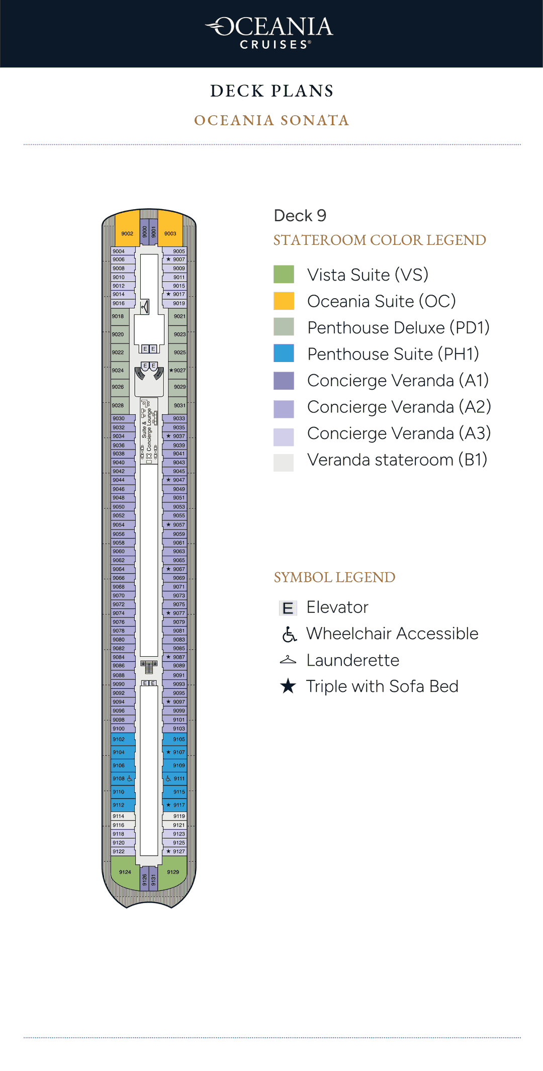 Deck 9 plan of Oceania Sonata, showing Oceania Suites, Vista Suites, Penthouse and Penthouse Deluxe Suites, Concierge Level Verandas, Veranda Staterooms and the Suite & Concierge Lounge