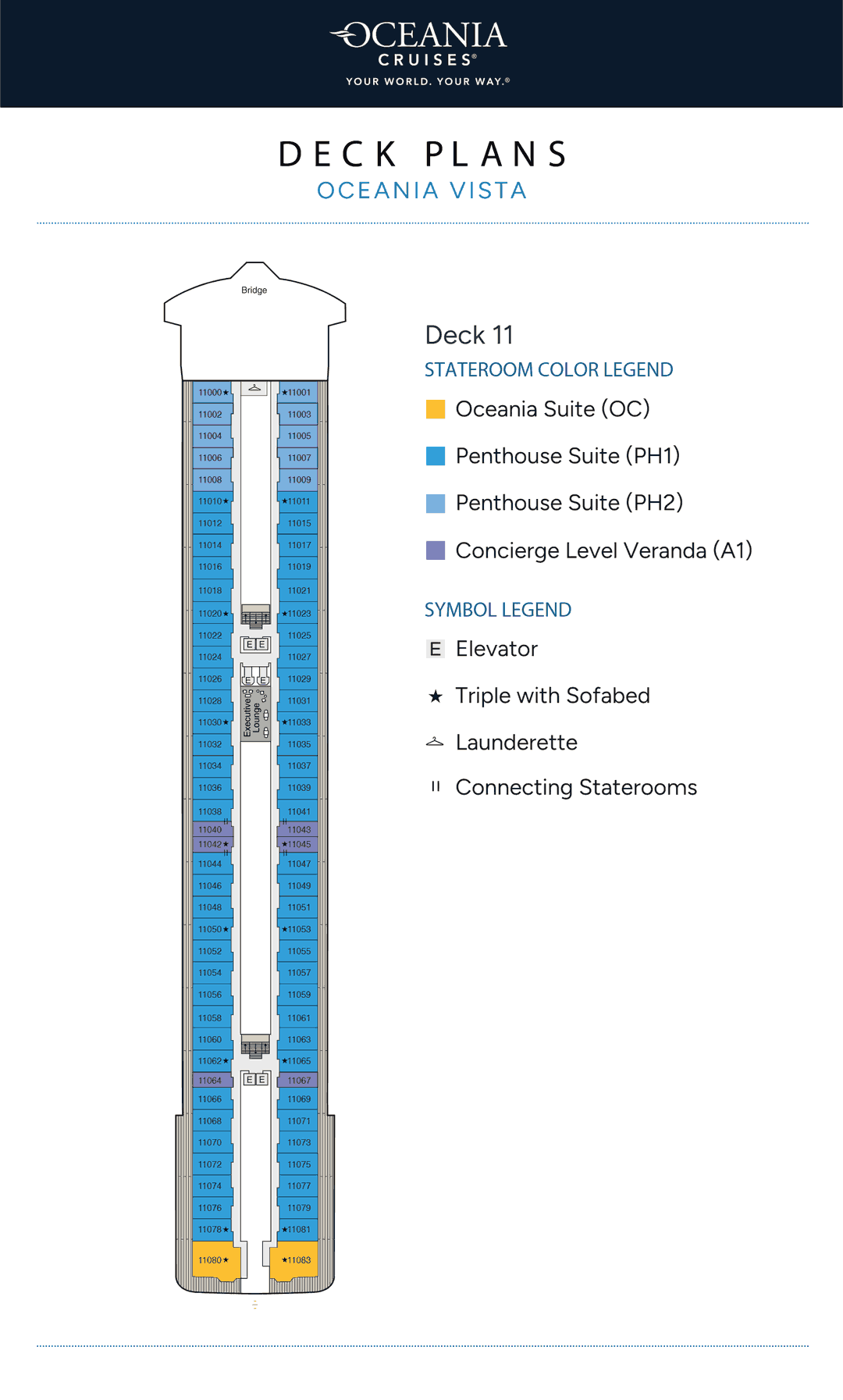 Deck 11 plan of Oceania Vista, showing Oceania Suites, Penthouse Suites, Concierge Level Verandas and the Executive Lounge