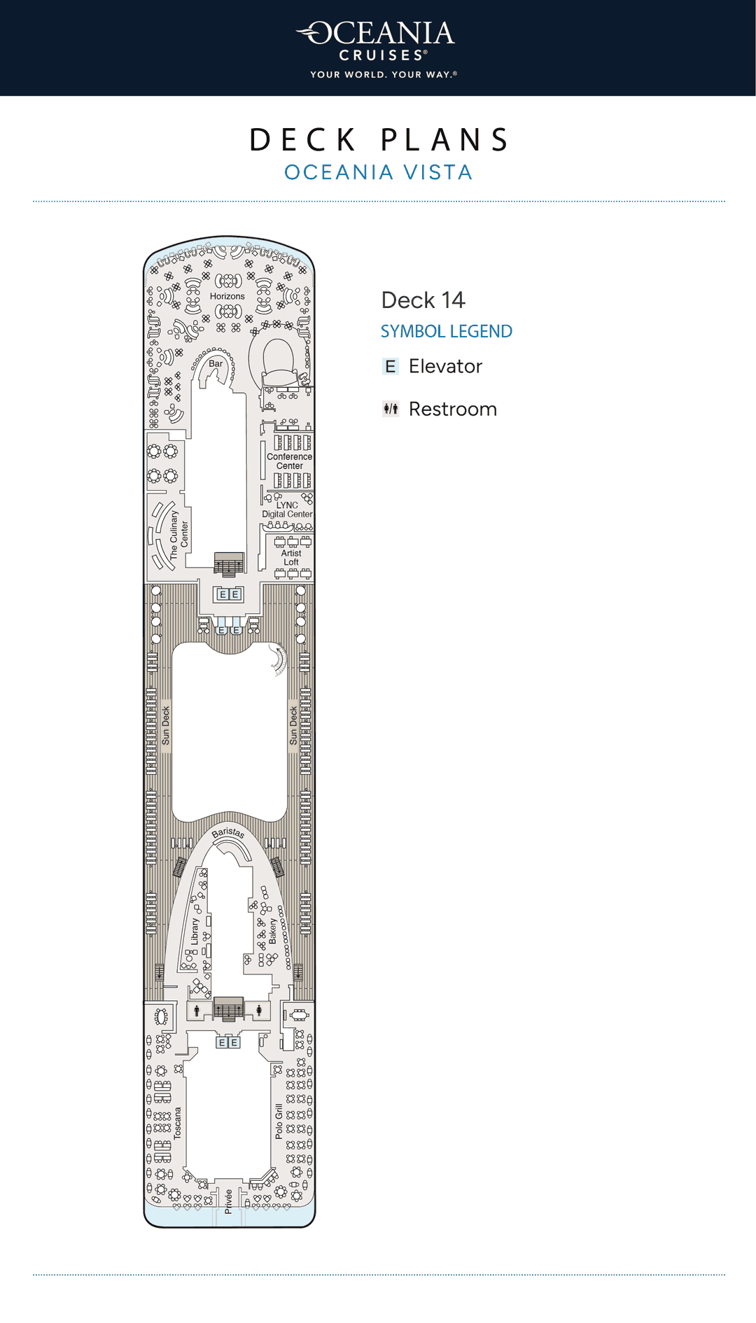 Deck 14 plan of Oceania Vista, showing Horizons, The Culinary Center, Artist Loft, the LYNC Digital Center, Toscana, Polo Grill, Privée, the Library, Baristas and the Bakery
