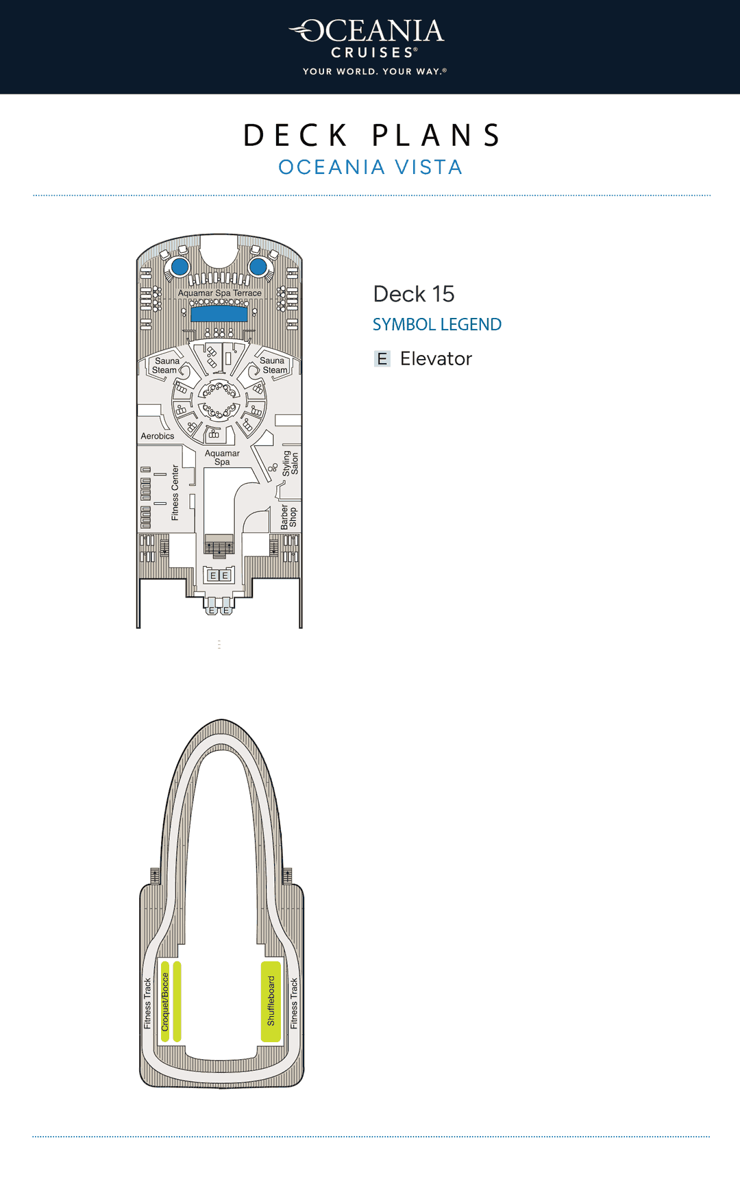 Deck 15 plan of Oceania Vista, showing the Aquamar Spa + Vitality Center and Spa Terrace, the Fitness Center, fitness track, shuffleboard and croquet