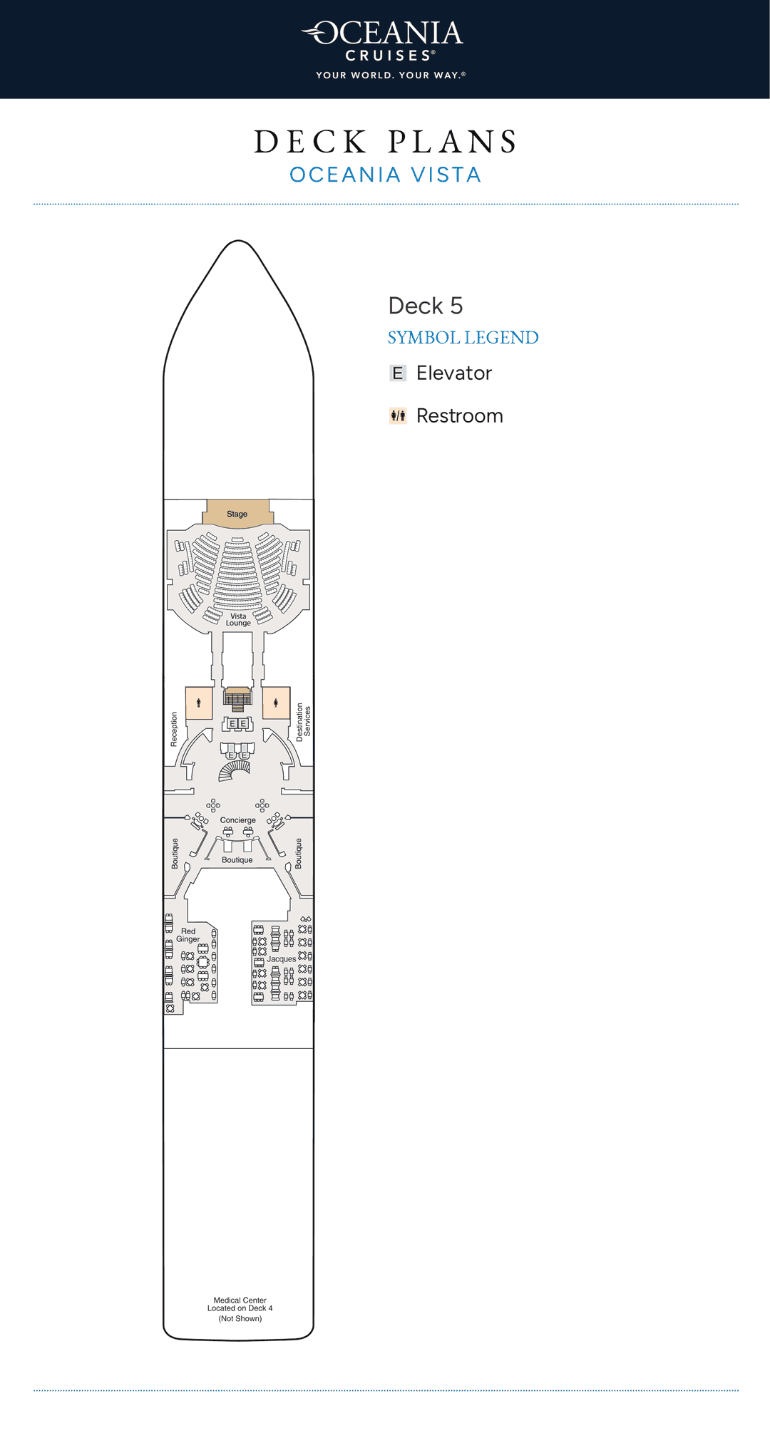 Deck 5 plan of Oceania Vista, showing the Vista Lounge forward, Reception, Destination Services, the Concierge, the Boutiques, Red Ginger and Jacques