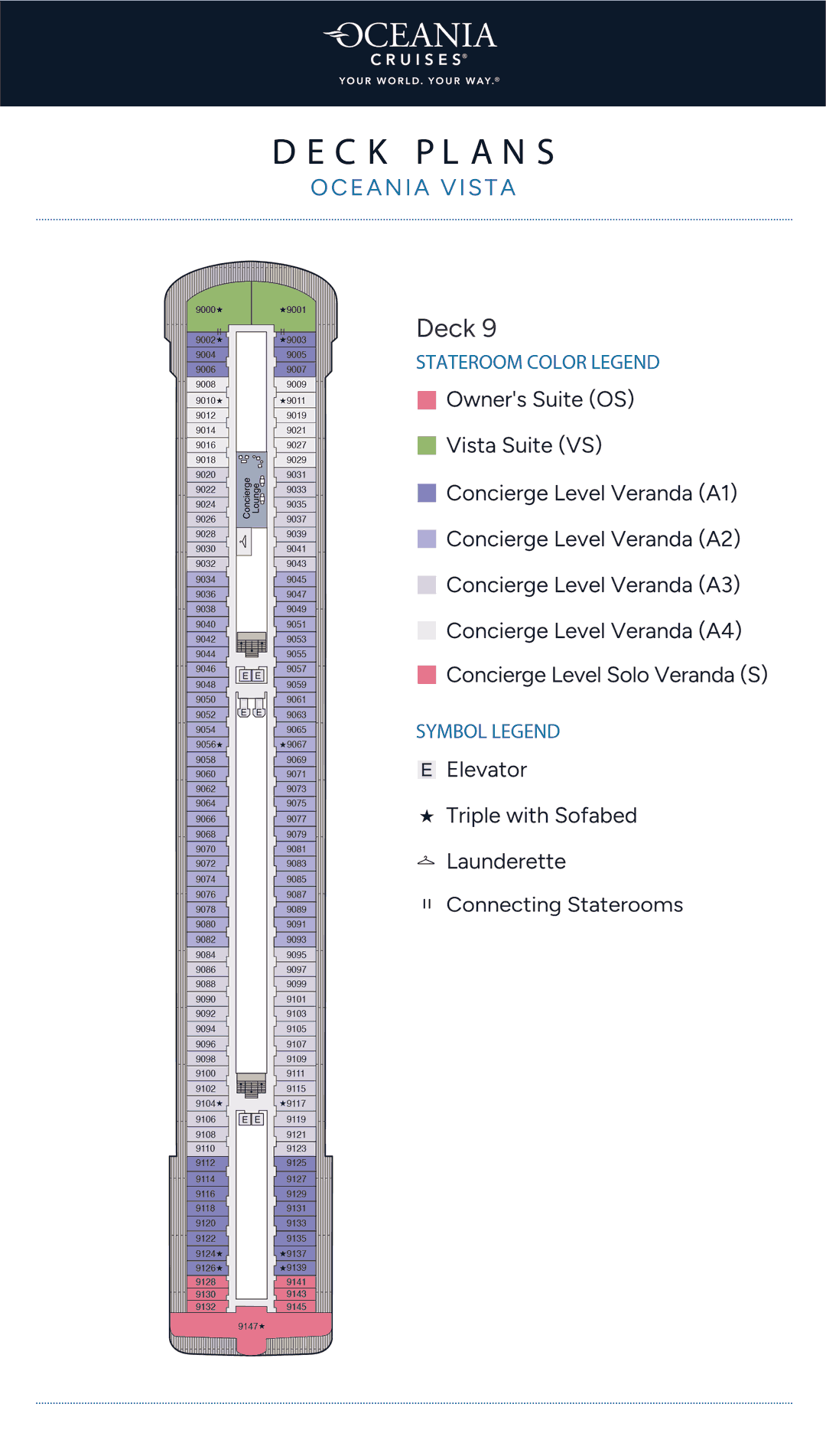 Deck 9 plan of Oceania Vista, showing an Owner's Suite, Vista Suites, Concierge Level Verandas, Concierge Level Solo Verandas and the Concierge Lounge
