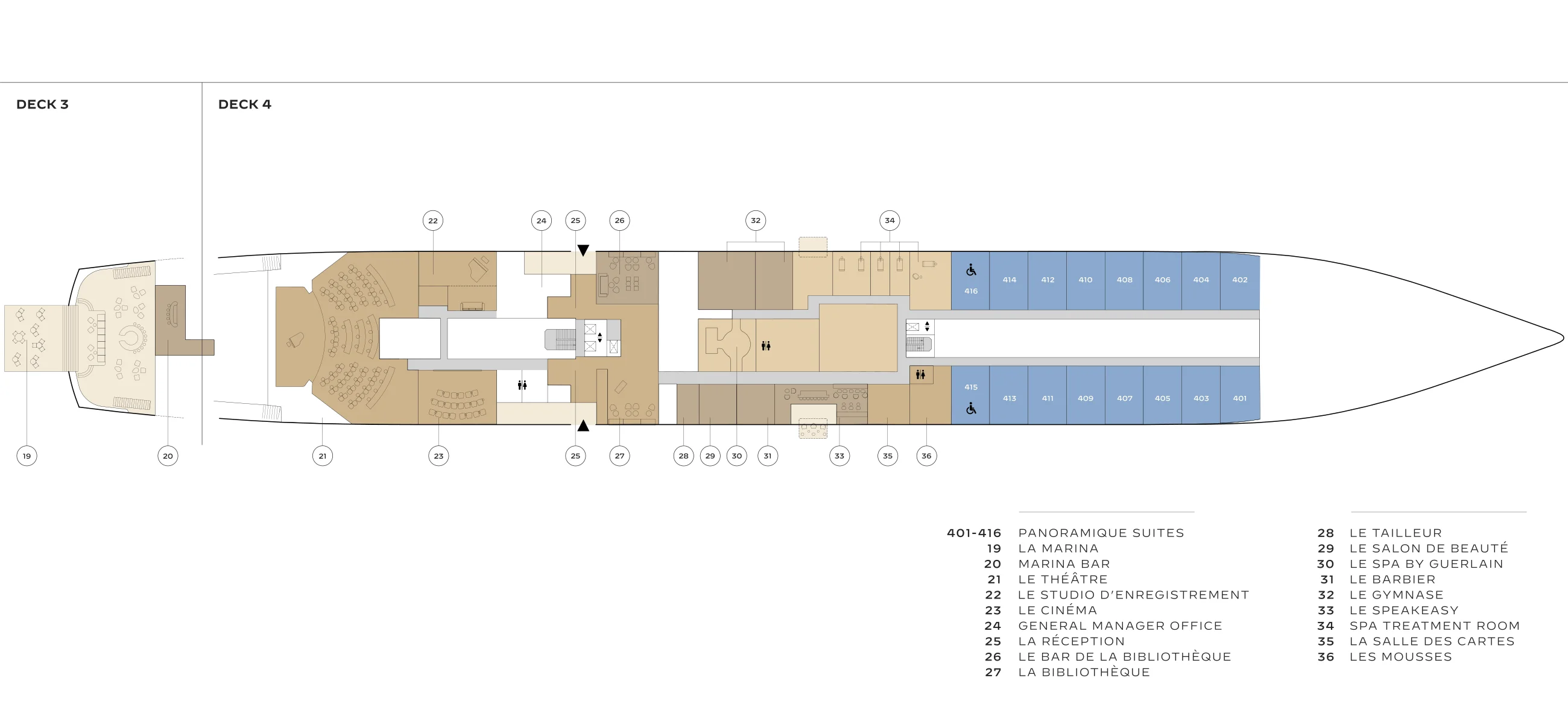 Plan of Decks 3 and 4 of Orient Express Corinthian: La Marina and the Marina Bar at the stern of Deck 3; on Deck 4 Le Théâtre, the recording studio, Le Cinéma, La Réception, La Bibliothèque and its bar, Le Spa by Guerlain, Le Gymnase, Le Speakeasy, La Salle des Cartes and Les Mousses, with Panoramique Suites 401 to 416 forward