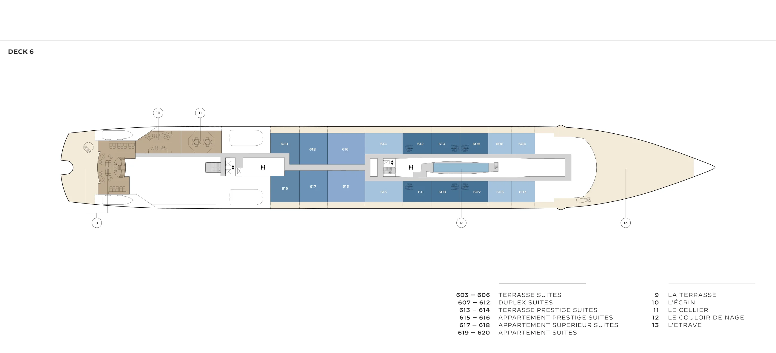 Deck 6 plan of Orient Express Corinthian: La Terrasse, L'Écrin and Le Cellier aft, suites 603 to 620 including the Deck 6 level of the Duplex Suites, Le Couloir de Nage lap lane midships and L'Étrave at the bow