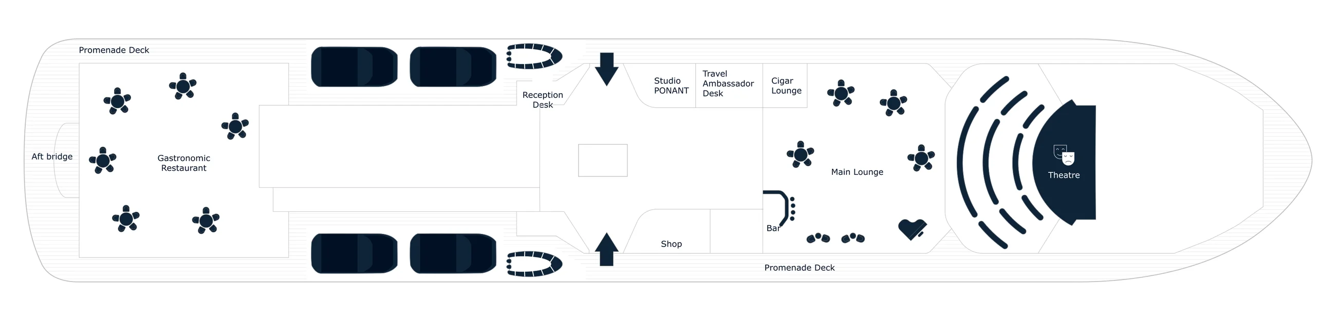 Deck 5 plan of Le Commandant Charcot, showing the Gastronomic Restaurant and Aft bridge at the stern, the Promenade Deck, the Reception Desk, Studio PONANT, the Travel Ambassador Desk, the Cigar Lounge, the Shop, the Bar and Main Lounge, and the Theatre forward