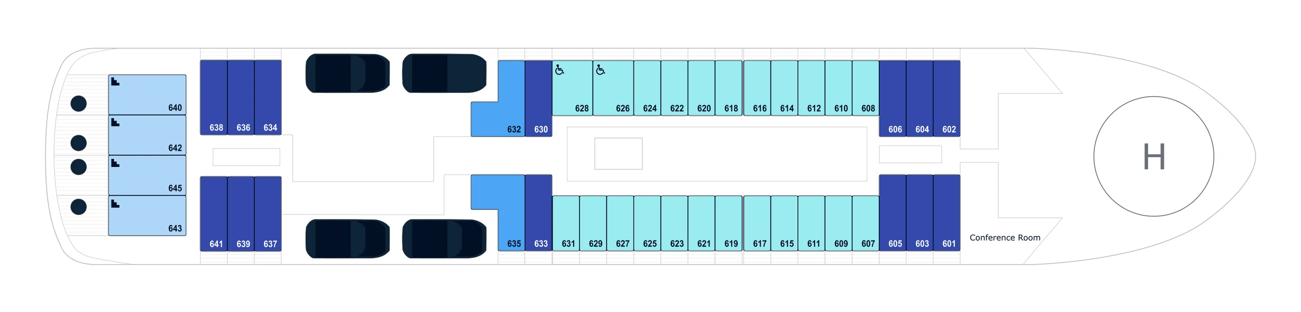 Deck 6 plan of Le Commandant Charcot, showing staterooms 601 to 645 and the Conference Room, with the helicopter pad at the bow; Ponant's key for this deck lists Duplex Suites, the Grand Suite, Deluxe Suites and Lower deck balcony staterooms
