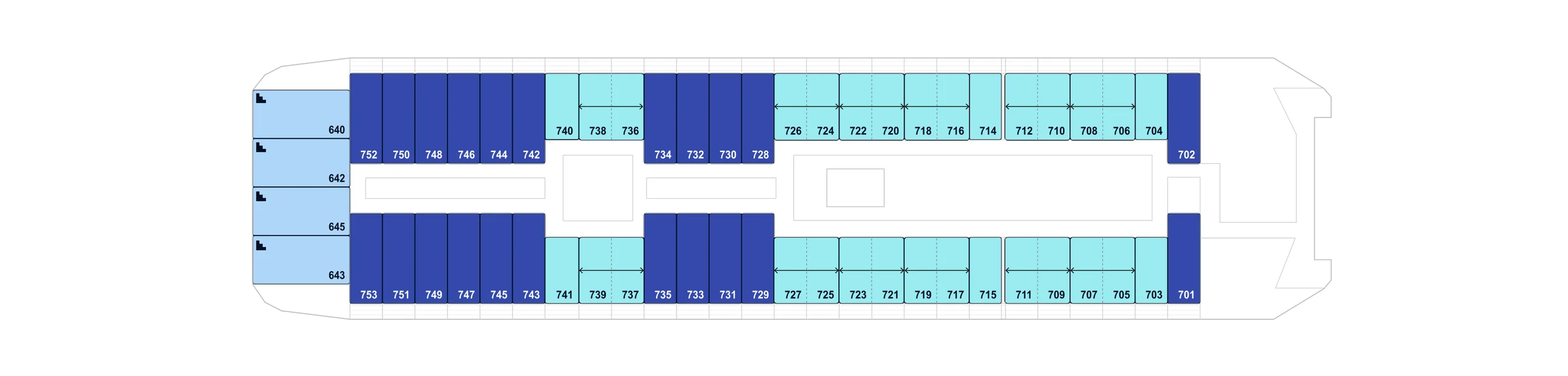 Deck 7 plan of Le Commandant Charcot, showing staterooms 701 to 753, with suites 640 to 645, marked with stairs, at the stern; Ponant's key for this deck lists Duplex Suites, Deluxe Suites, Prestige Suites and Upper decks balcony staterooms