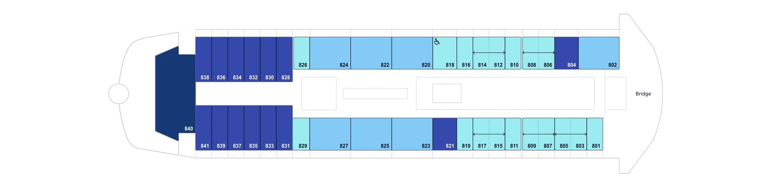 Deck 8 plan of Le Commandant Charcot, showing staterooms 801 to 841, with the large suite 840 at the stern, and the Bridge forward; Ponant's key for this deck lists the Owner's Suite, Privilege Suites, Deluxe Suites, Prestige Suites and Upper decks balcony staterooms