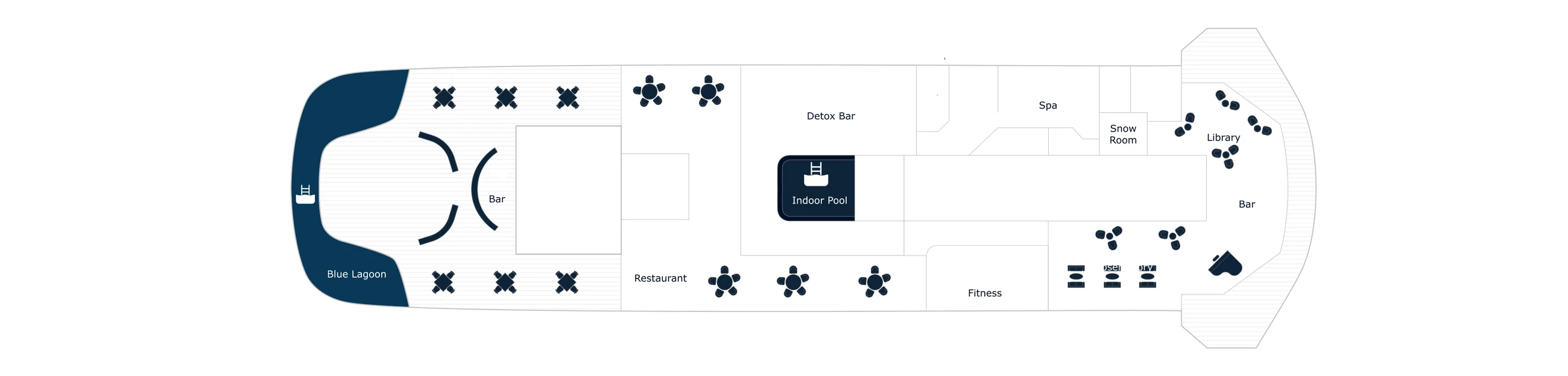 Deck 9 plan of Le Commandant Charcot, showing the Blue Lagoon and a bar at the stern, the Restaurant, the Detox Bar, the Indoor Pool, the Spa, Fitness and the Snow Room, and the Library and Bar forward