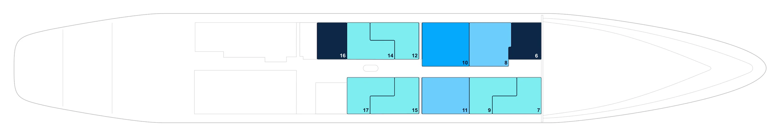 Deck 2 plan of Le Ponant, showing staterooms 6 to 17; Ponant's key lists the Prestige Suite (10), Junior Suites (8 and 11), Window Staterooms (7, 9, 12, 14, 15, 17) and Porthole Staterooms (6 and 16)