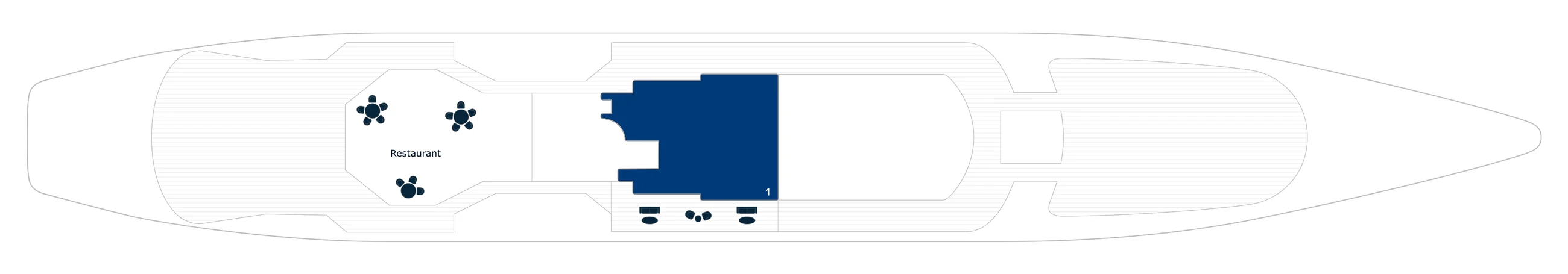 Deck 4 plan of Le Ponant, showing the Restaurant aft and the Owner's Suite (1)