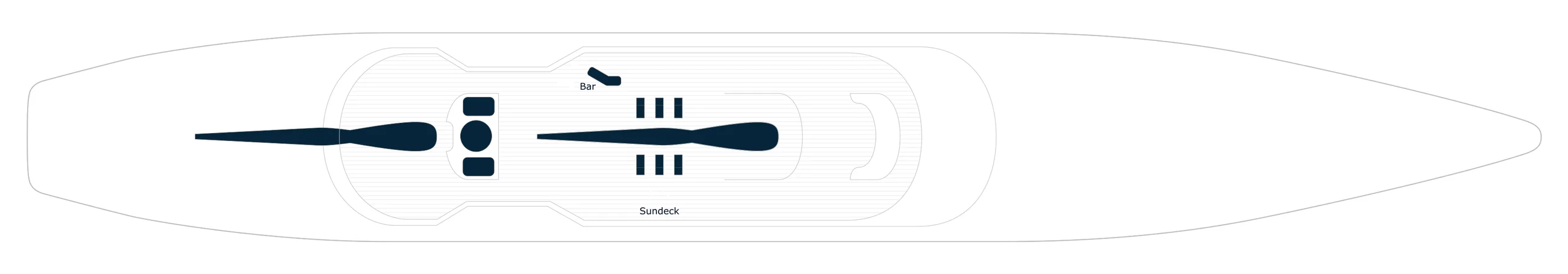 Deck 5 plan of Le Ponant, showing the Sundeck and its Bar between the masts