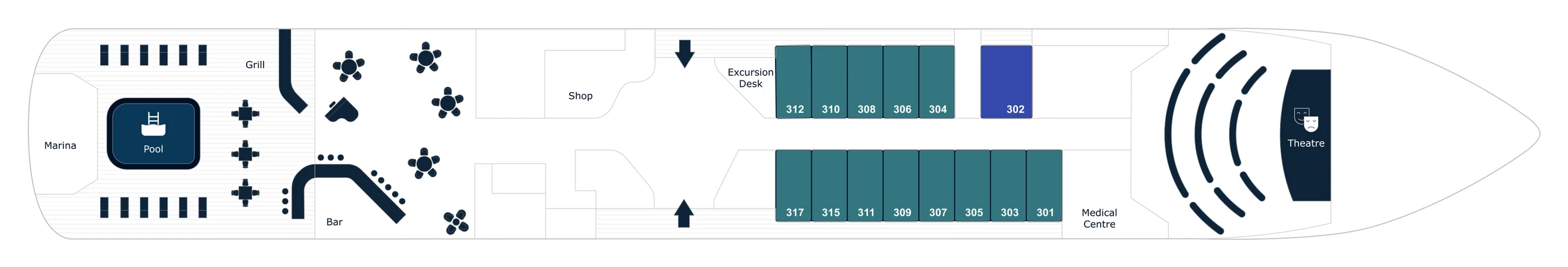 Deck 3 plan of the PONANT EXPLORERS, showing the Marina and Pool at the stern, the Grill and Bar, the Shop and Excursion Desk, staterooms 301 to 317, the Medical Centre and the Theatre forward; Ponant's key lists Deluxe Suites and Lower deck balcony staterooms