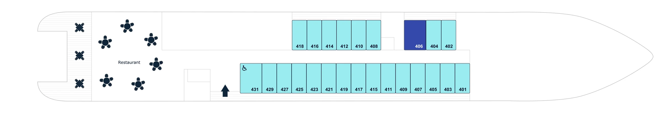 Deck 4 plan of the PONANT EXPLORERS, showing the Restaurant aft and staterooms 401 to 431; Ponant's key lists Deluxe Suites and Upper decks balcony staterooms
