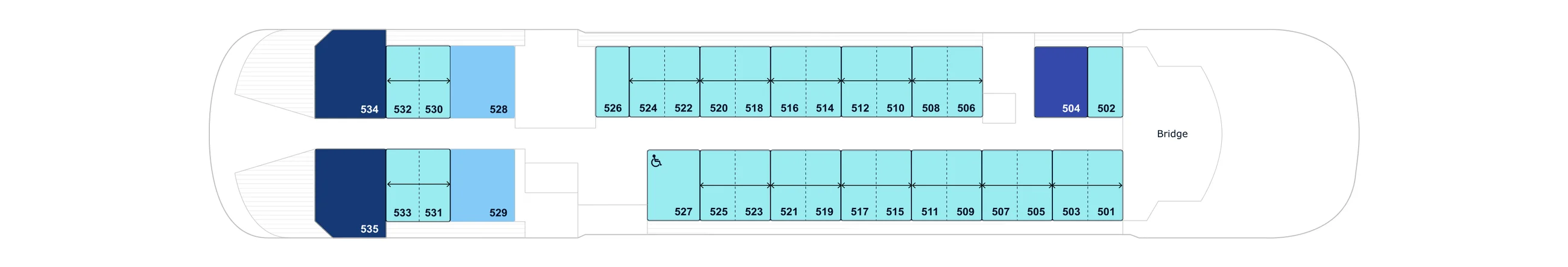 Deck 5 plan of the PONANT EXPLORERS, showing staterooms 501 to 535 and the Bridge forward; Ponant's key lists the Owner's Suite, Privilege Suites, Prestige Suites, Deluxe Suites and Upper decks balcony staterooms