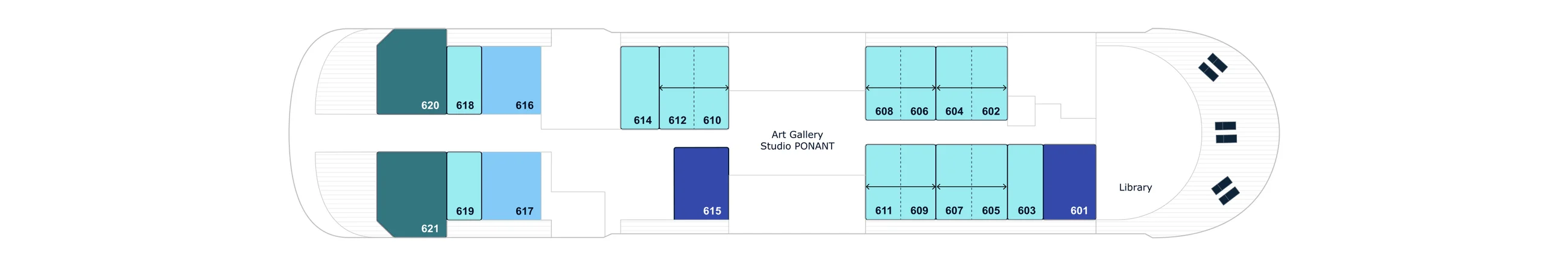 Deck 6 plan of the PONANT EXPLORERS, showing staterooms 601 to 621, the Art Gallery and Studio PONANT, and the Library forward; Ponant's key lists the Grand Suite, Privilege Suites, Prestige Suites, Deluxe Suites and Upper decks balcony staterooms