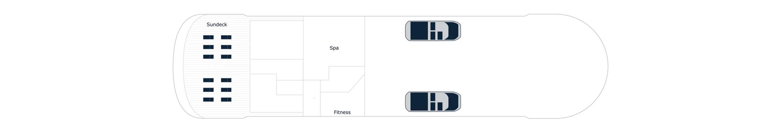 Deck 7 plan of the PONANT EXPLORERS, showing the Sundeck, the Spa and Fitness