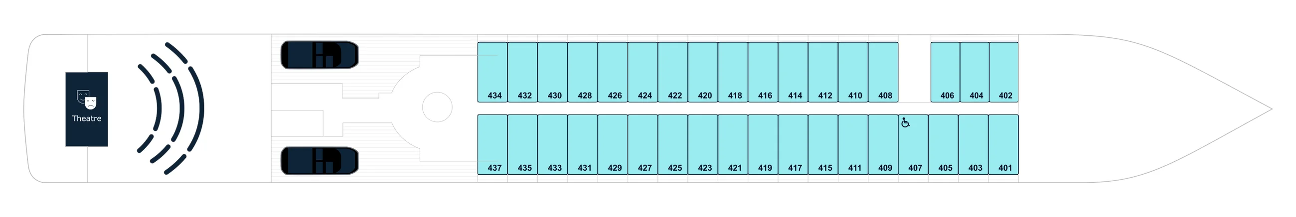 Deck 4 plan of the Sisterships, showing the Theatre aft and staterooms 401 to 437; Ponant's key lists Upper decks balcony staterooms