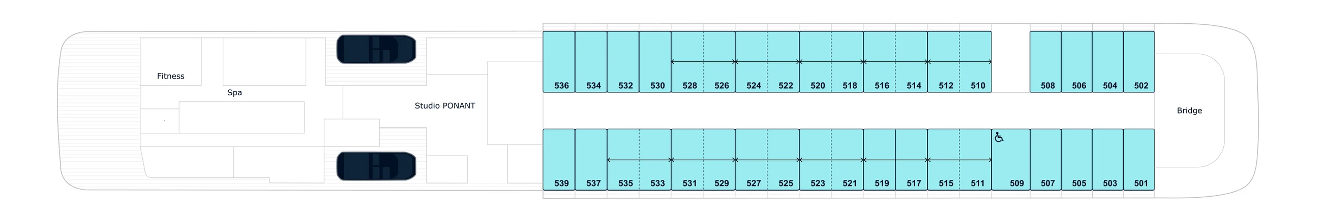 Deck 5 plan of the Sisterships, showing Fitness, the Spa and Studio PONANT aft, staterooms 501 to 539 and the Bridge forward; Ponant's key lists Prestige Suites and Upper decks balcony staterooms