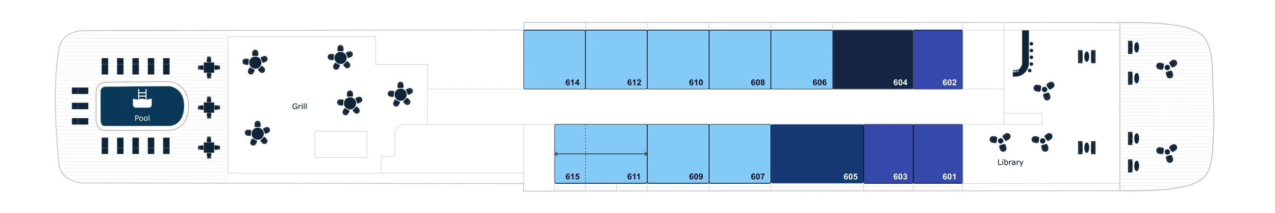 Deck 6 plan of Le Lyrial, showing the Pool and Grill aft, staterooms 601 to 615 and the Library and Bar forward; Ponant's key lists the Owner's Suite, the Grand Privilege Suite (611 with 615), the Grand Suite, Privilege Suites, Deluxe Suites and an Upper decks balcony stateroom (615)
