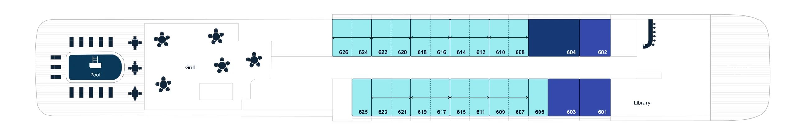 Deck 6 plan of Le Boréal, L'Austral and Le Soléal, showing the Pool and Grill aft, staterooms 601 to 626 and the Library forward; Ponant's key lists the Owner's Suite, Deluxe Suites, Prestige Suites and Upper decks balcony staterooms