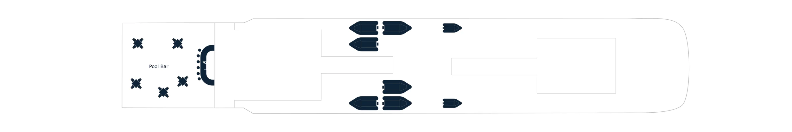 Deck 7 plan of the Sisterships, showing the Pool Bar at the stern and the ship's boats midship