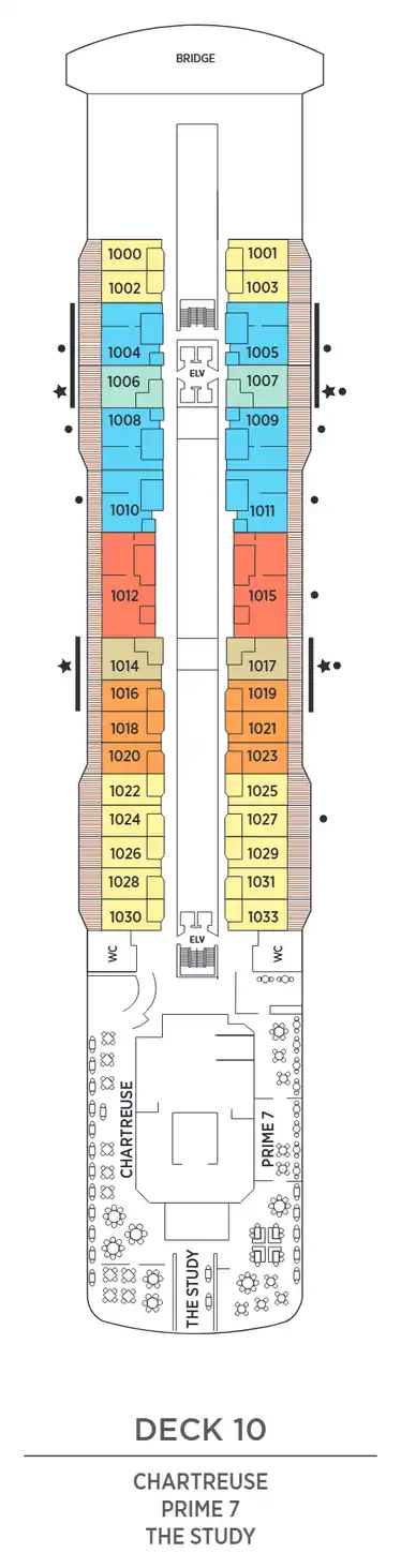 Deck 10 plan of Seven Seas Explorer, showing suites 1000 to 1033 (Grand, Explorer, Penthouse, Concierge and Serenity Suites) with Chartreuse, Prime 7 and The Study