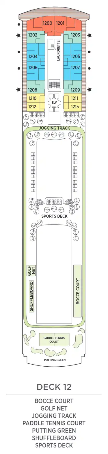 Deck 12 plan of Seven Seas Explorer, showing suites 1200 to 1215 (Grand, Explorer, Penthouse and Concierge Suites) with the bocce court, golf net, jogging track, paddle tennis court, putting green, shuffleboard and Sports Deck