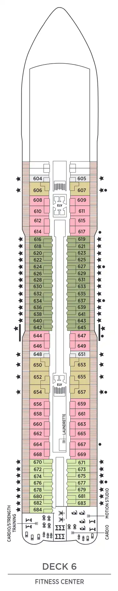 Deck 6 plan of Seven Seas Explorer, showing suites 604 to 684 (Penthouse, Concierge, Deluxe Veranda and Veranda Suites) and the Fitness Center