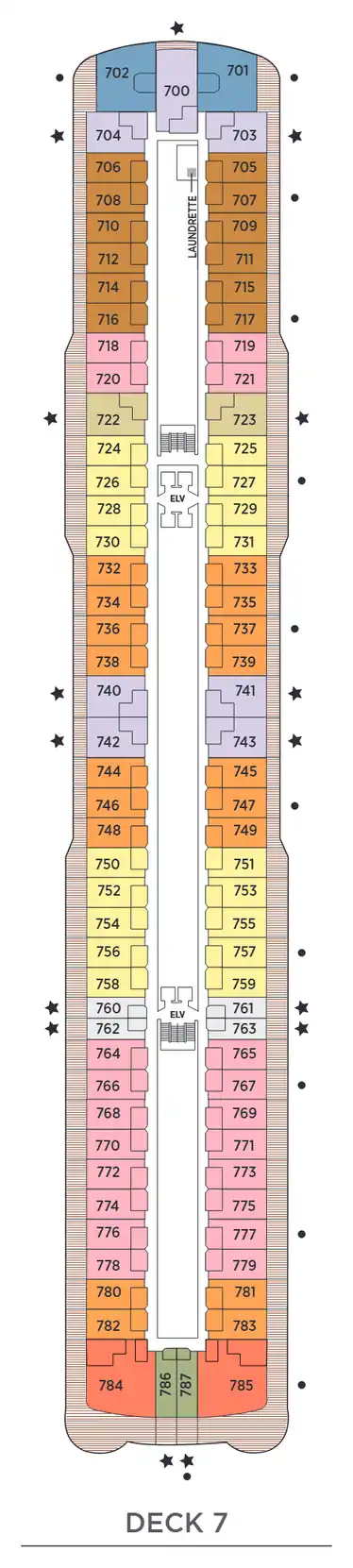 Deck 7 plan of Seven Seas Explorer, showing suites 700 to 787: Seven Seas, Penthouse, Concierge, Serenity, Deluxe Veranda and Veranda Suites, and the aft Grand Suites