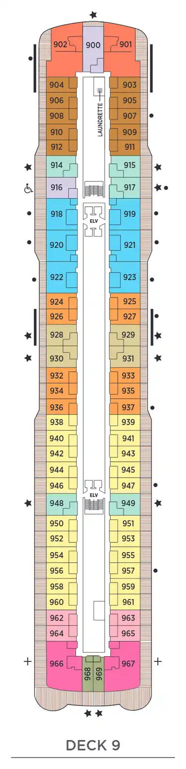 Deck 9 plan of Seven Seas Explorer, showing suites 900 to 969: Signature, Grand, Explorer, Penthouse, Concierge, Serenity and Deluxe Veranda Suites
