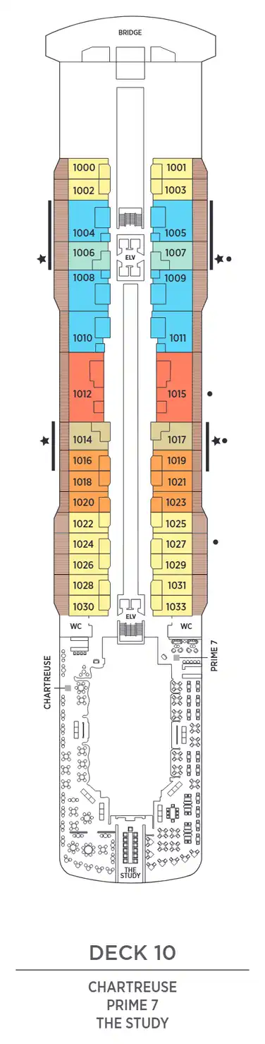 Deck 10 plan of Seven Seas Grandeur, showing suites 1000 to 1033 (Grand, Grandeur, Penthouse, Concierge and Serenity Suites) with Chartreuse, Prime 7 and The Study