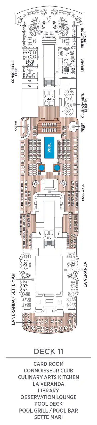 Deck 11 plan of Seven Seas Grandeur, showing the Card Room, Connoisseur Club, Culinary Arts Kitchen, La Veranda, Library, Observation Lounge, Pool Deck, Pool Grill and Pool Bar and Sette Mari