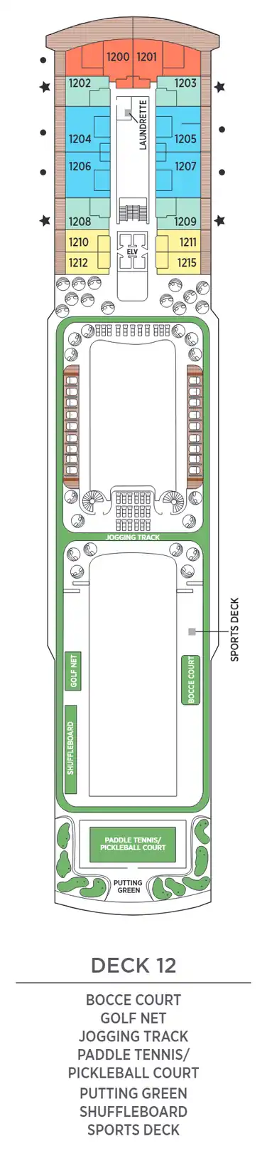 Deck 12 plan of Seven Seas Grandeur, showing suites 1200 to 1215 (Grandeur, Grand, Penthouse and Concierge Suites) with the bocce court, golf net, jogging track, paddle tennis and pickleball court, putting green, shuffleboard and Sports Deck