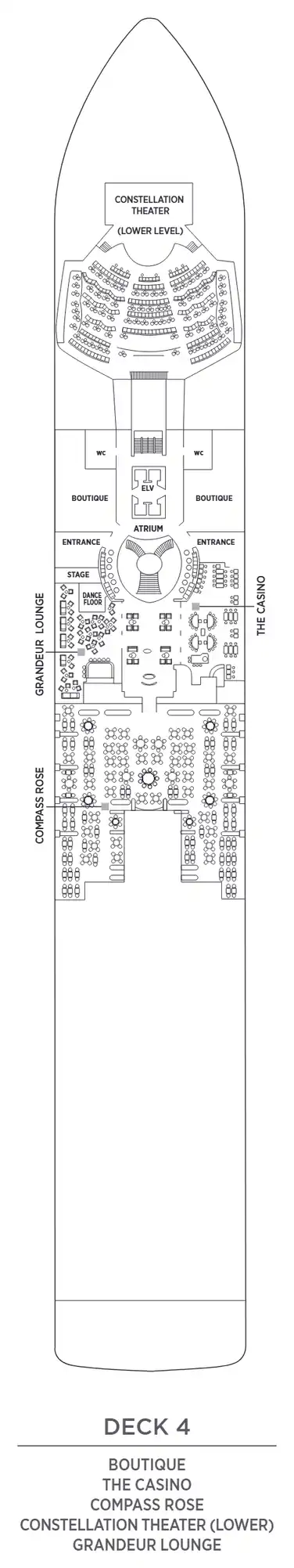 Deck 4 plan of Seven Seas Grandeur, showing the Boutique, The Casino, Compass Rose, the lower Constellation Theater and the Grandeur Lounge