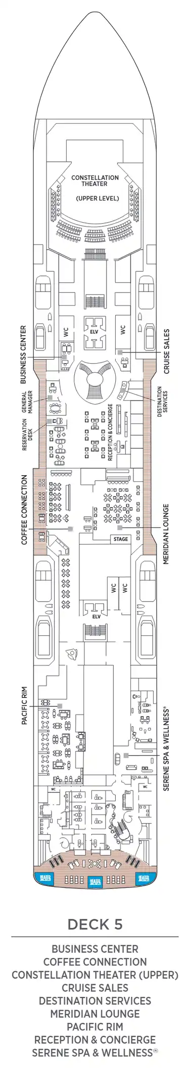 Deck 5 plan of Seven Seas Grandeur, showing the Business Center, Coffee Connection, the upper Constellation Theater, Cruise Sales, Destination Services, Meridian Lounge, Pacific Rim, Reception & Concierge and Serene Spa & Wellness