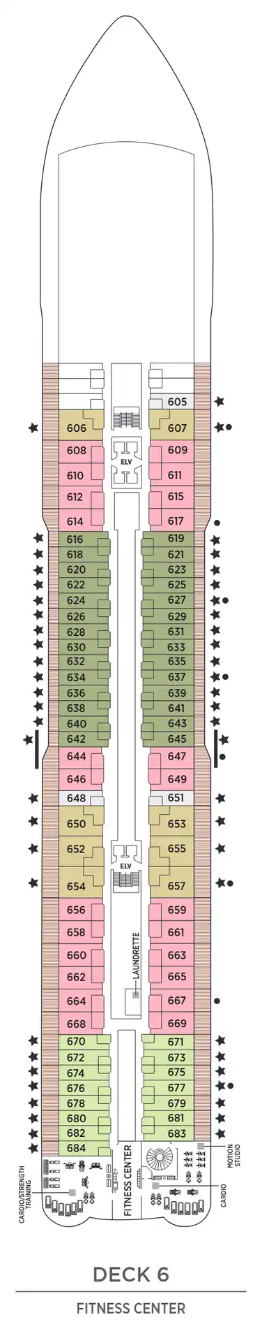 Deck 6 plan of Seven Seas Grandeur, showing suites 605 to 684 (Penthouse, Concierge, Deluxe Veranda and Veranda Suites) and the Fitness Center