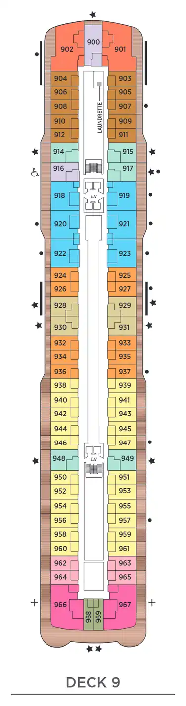 Deck 9 plan of Seven Seas Grandeur, showing suites 900 to 969: Grandeur, Signature, Grand, Penthouse, Concierge, Serenity and Deluxe Veranda Suites