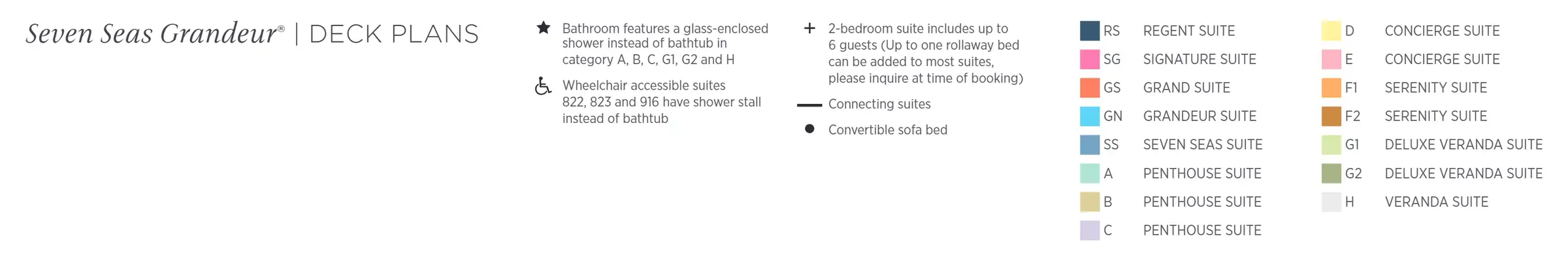 Regent's key to the Seven Seas Grandeur deck plans: the suite categories by colour, and the symbols for glass-enclosed showers, wheelchair-accessible suites, two-bedroom suites, connecting suites and sofa beds