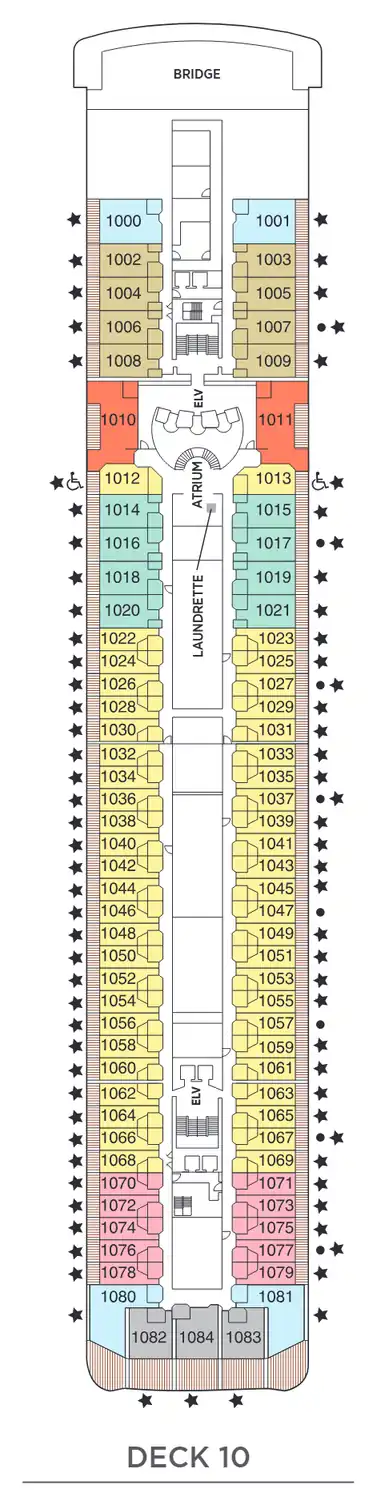 Deck 10 plan of Seven Seas Mariner, showing suites 1000 to 1084: Mariner, Seven Seas, Horizon View, Penthouse and Concierge Suites