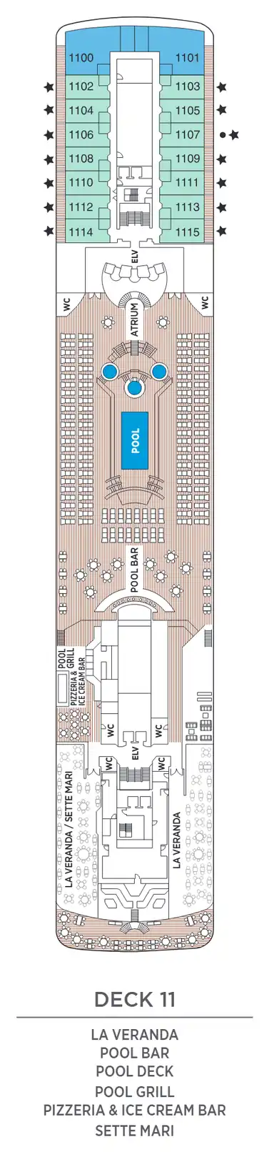 Deck 11 plan of Seven Seas Mariner, showing suites 1100 to 1115 (Grand and Penthouse Suites) with La Veranda, Pool Bar, Pool Deck, Pool Grill, Pizzeria & Ice Cream Bar and Sette Mari