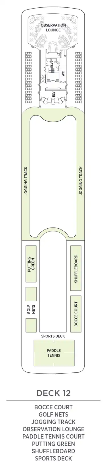 Deck 12 plan of Seven Seas Mariner, showing the bocce court, golf nets, jogging track, Observation Lounge, paddle tennis court, putting green, shuffleboard and Sports Deck