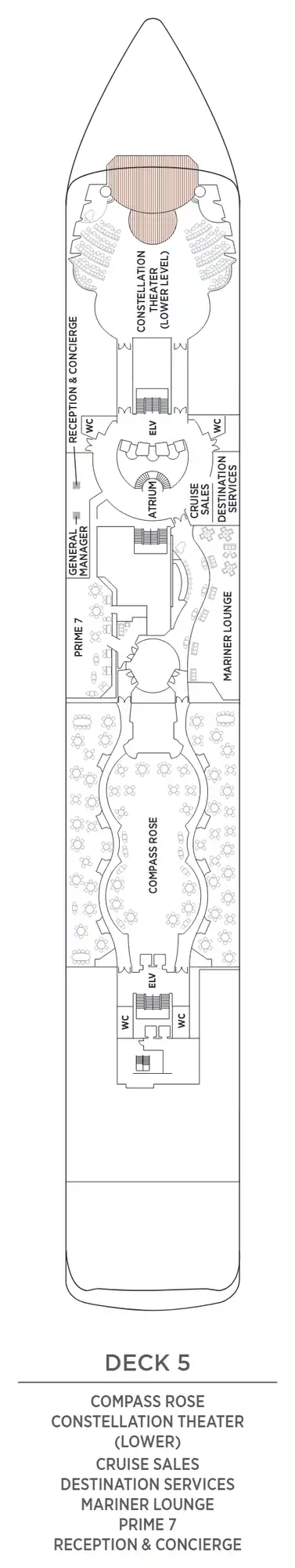Deck 5 plan of Seven Seas Mariner, showing Compass Rose, the lower Constellation Theater, Cruise Sales, Destination Services, the Mariner Lounge, Prime 7 and Reception & Concierge