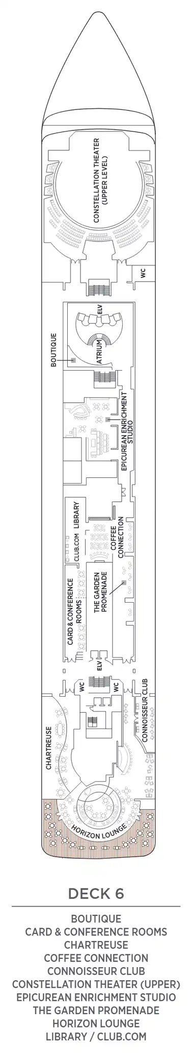 Deck 6 plan of Seven Seas Mariner, showing the Boutique, Card & Conference Rooms, Chartreuse, Coffee Connection, Connoisseur Club, the upper Constellation Theater, Epicurean Enrichment Studio, The Garden Promenade, Horizon Lounge and the Library and Club.com