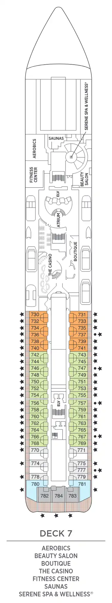 Deck 7 plan of Seven Seas Mariner, showing suites 730 to 784 (Seven Seas, Horizon View and Deluxe Veranda Suites) with the aerobics room, beauty salon, Boutique, The Casino, Fitness Center, saunas and Serene Spa & Wellness
