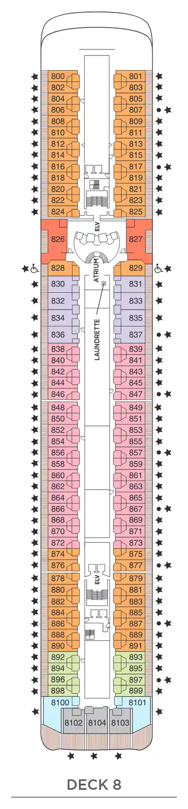 Deck 8 plan of Seven Seas Mariner, showing suites 800 to 899 and 8100 to 8104: Mariner, Seven Seas, Horizon View, Penthouse, Concierge and Deluxe Veranda Suites