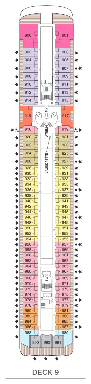 Deck 9 plan of Seven Seas Mariner, showing suites 900 to 992: Signature, Mariner, Seven Seas, Horizon View, Penthouse, Concierge and Deluxe Veranda Suites