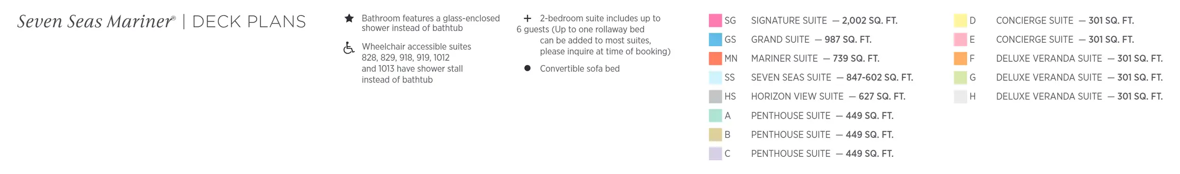 Regent's key to the Seven Seas Mariner deck plans: the suite categories by colour with their sizes in square feet, and the symbols for glass-enclosed showers, wheelchair-accessible suites, two-bedroom suites and sofa beds